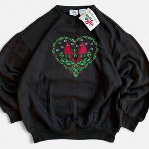 NWT Vintage Nutcracker Light Black Embroidered Holly Heart Cardinals Sweatshirt